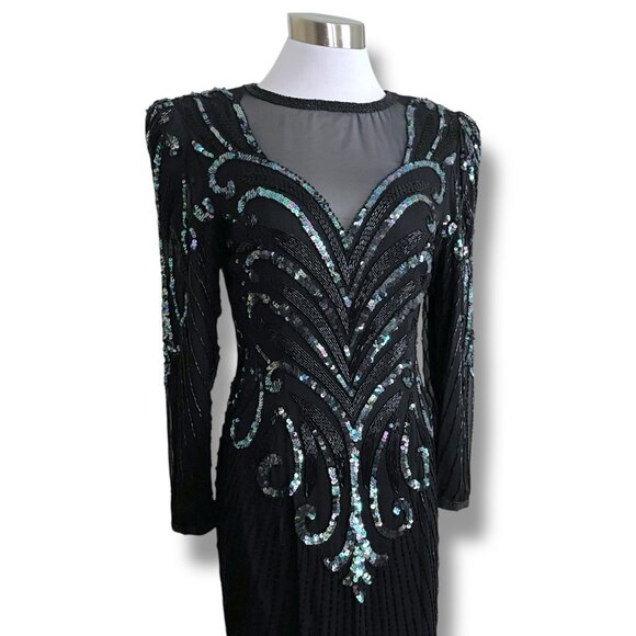 Vintage 1980s AJ Bari Womens Cocktail Dress Sz Small Black Silk Beaded Sequins - Picture 10 of 16
